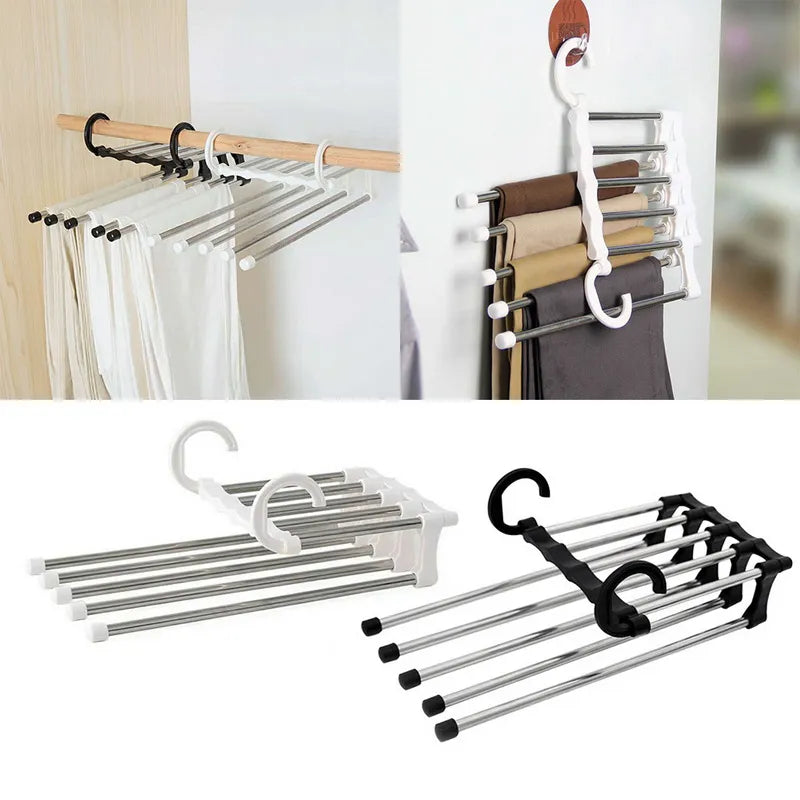 5 in 1 Pant Hanger for Clothes Organizer Multifunction Shelves Closet Storage Organizer Stainless Steel Magic Trouser Hangers