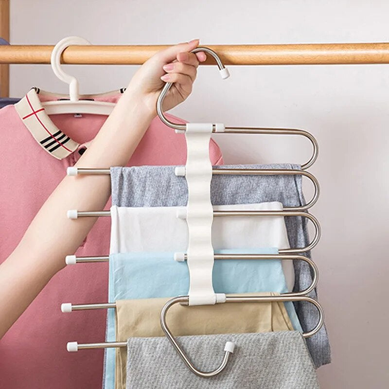 5 in 1 Pant Hanger for Clothes Organizer Multifunction Shelves Closet Storage Organizer Stainless Steel Magic Trouser Hangers